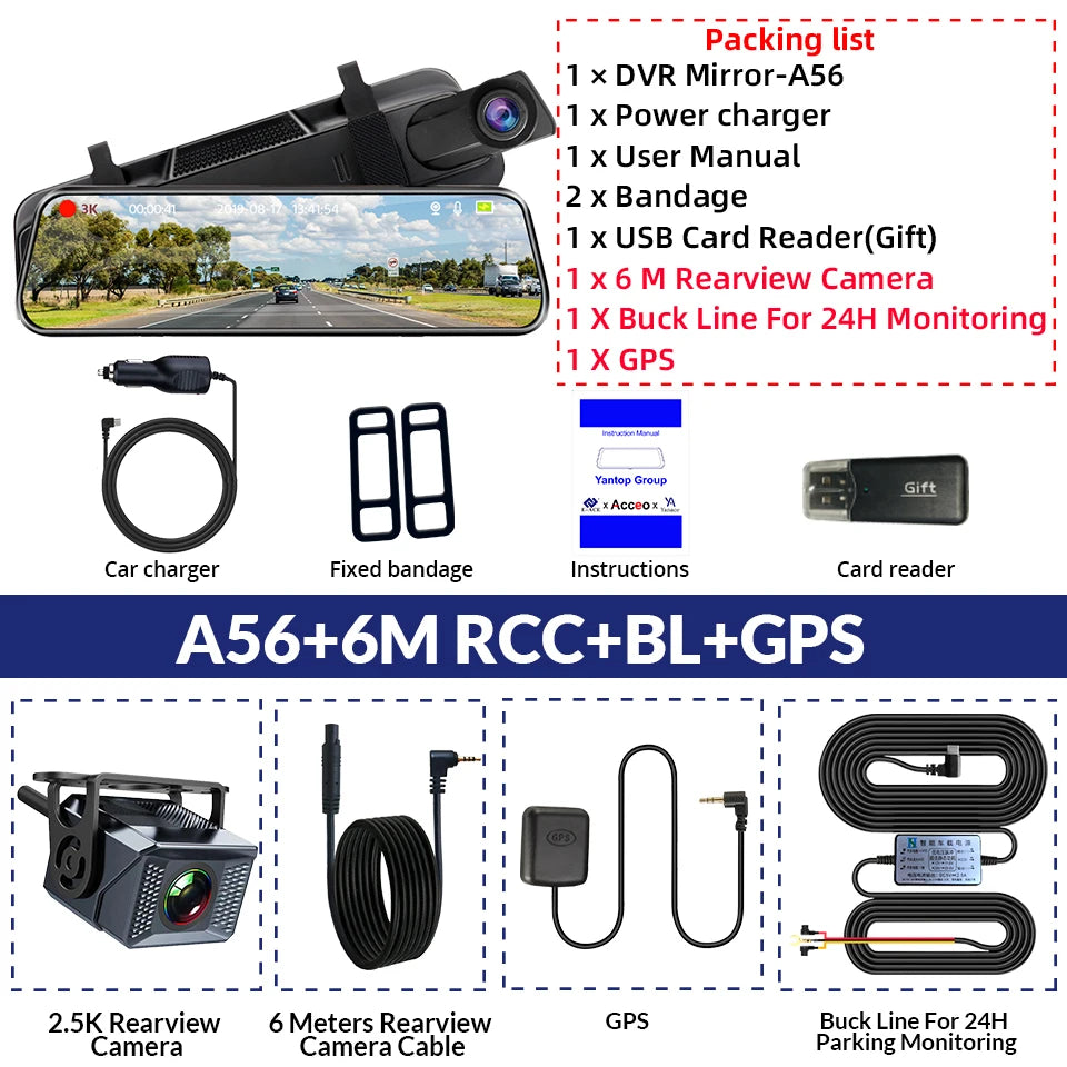 3K+2.5K DVR Mirror for 10"Dash Cam Recorder Optional Rear Camera Night Vision Hisllicon Chip GPS WIFI 24H Parking Monitor