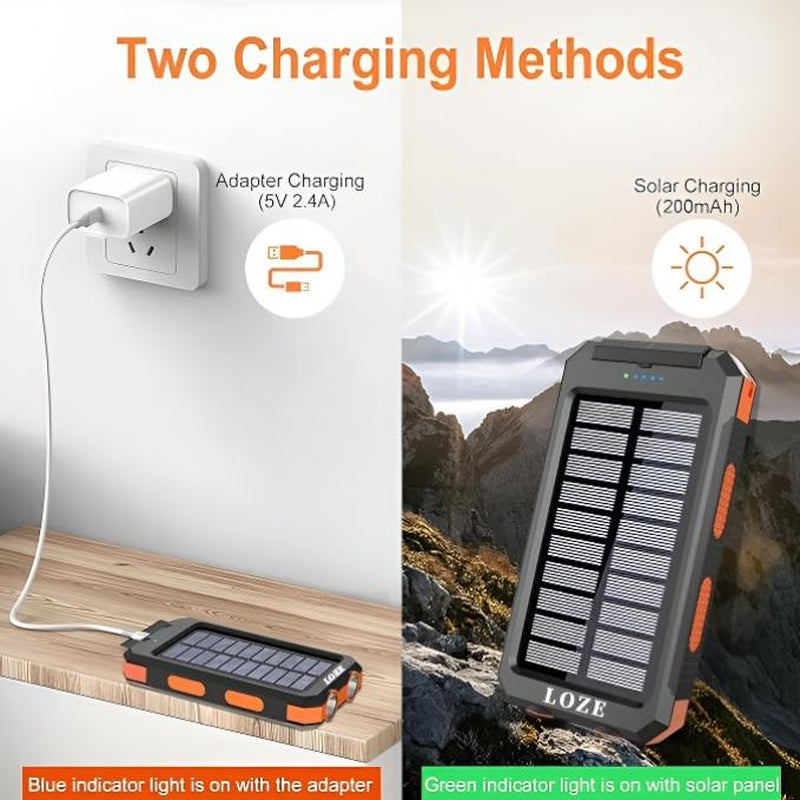 LOZE Solar Power Bank 10000Mah, Built-In Super Bright Flashlight, Compass, Dual USB Output Ports Power Bank, Portable Charger with USB C Interface for Android, Iphone, Suitable for Outdoor Camping, Suitable for Summer and Autumn Gifts.