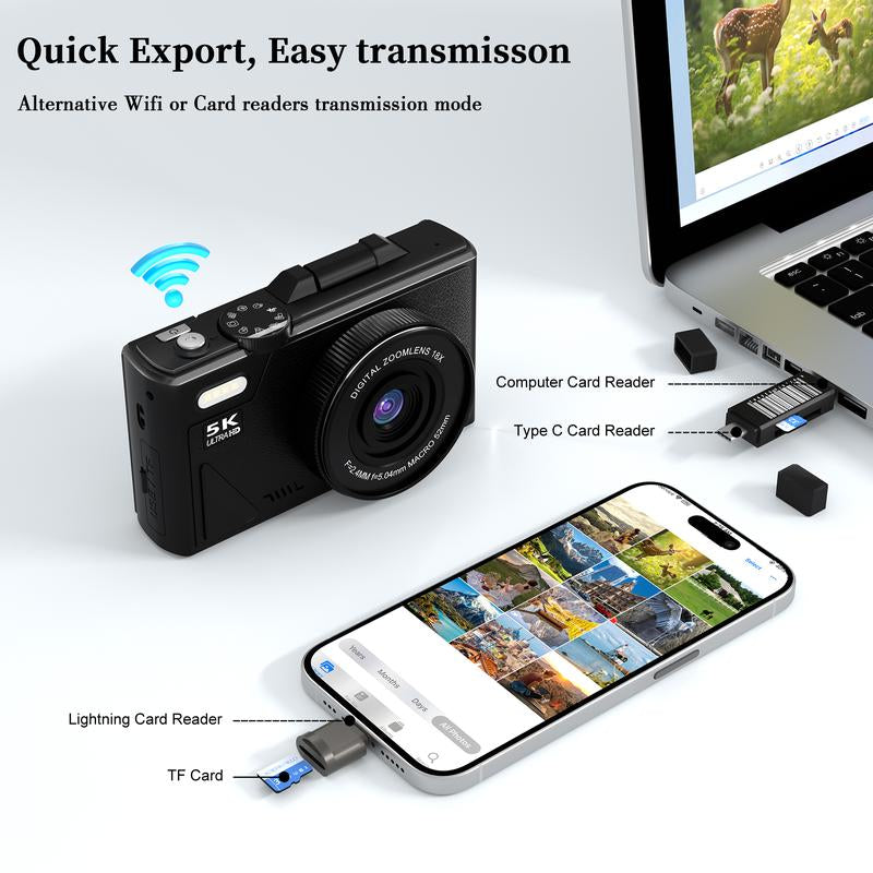 2025 Digital Camera 5K,Portable Retro Camera,180° Digital Camera with Flip Screen,18X Digital Zoom Vlogging Camera,Cameras for Photography,Compact Travel Camera for Teens,Summer Gifts
