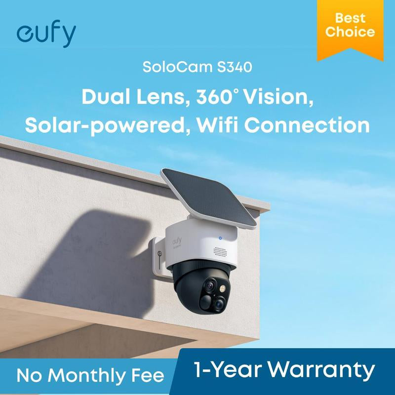 【Exclusive Bundle】Eufy Security Solocam S340 360° Pan & Tilt Solar Security Camera 2.4 Ghz Wi-Fi No Monthly Fee Homebase S380 Compatible - Ai Auto Lock and Tracking