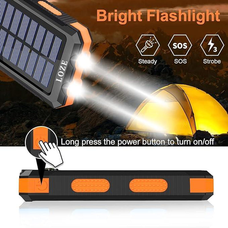 LOZE Solar Power Bank 10000Mah, Built-In Super Bright Flashlight, Compass, Dual USB Output Ports Power Bank, Portable Charger with USB C Interface for Android, Iphone, Suitable for Outdoor Camping, Suitable for Summer and Autumn Gifts.