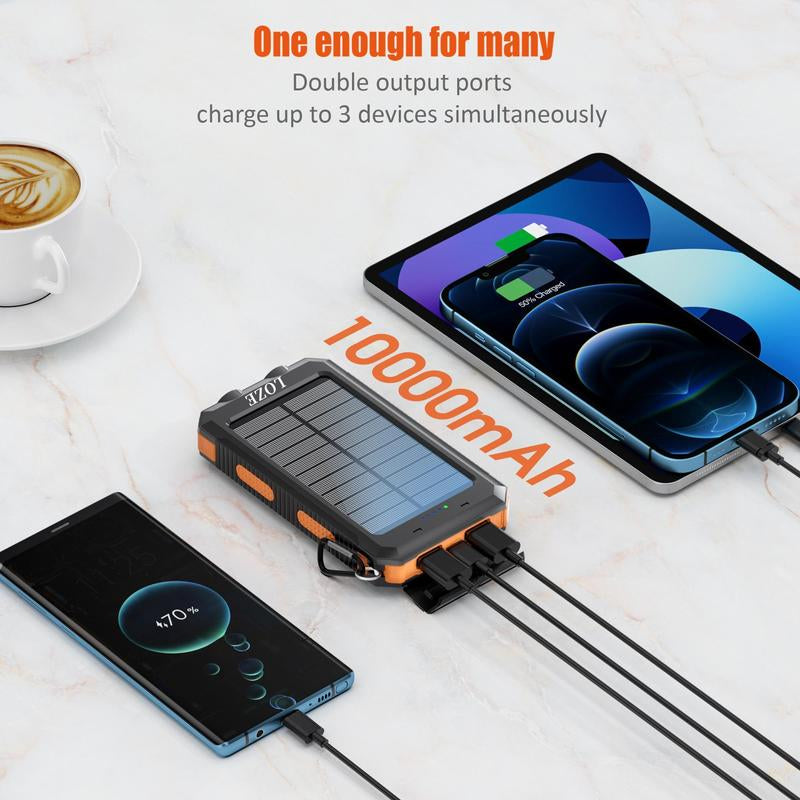 LOZE Solar Power Bank 10000Mah, Built-In Super Bright Flashlight, Compass, Dual USB Output Ports Power Bank, Portable Charger with USB C Interface for Android, Iphone, Suitable for Outdoor Camping, Suitable for Summer and Autumn Gifts.