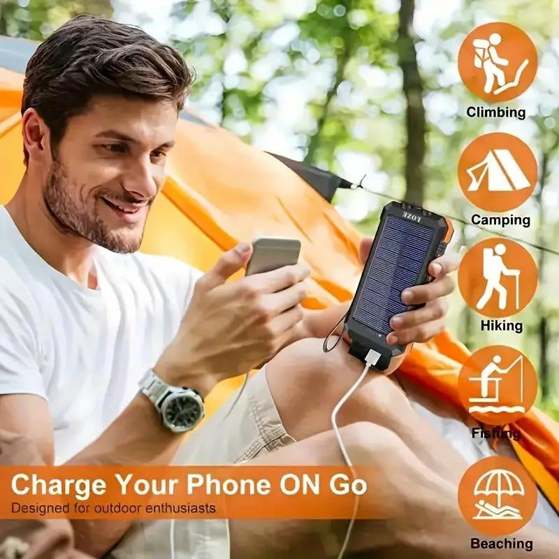 LOZE Solar Power Bank 10000Mah, Built-In Super Bright Flashlight, Compass, Dual USB Output Ports Power Bank, Portable Charger with USB C Interface for Android, Iphone, Suitable for Outdoor Camping, Suitable for Summer and Autumn Gifts.