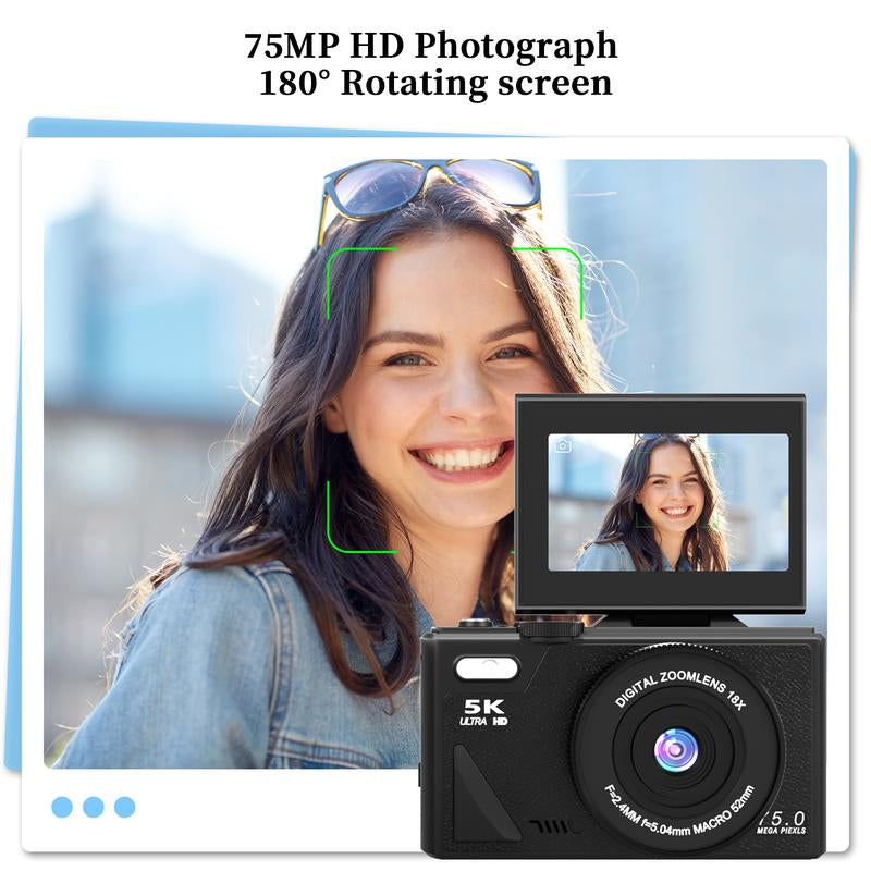 2025 Digital Camera 5K,Portable Retro Camera,180° Digital Camera with Flip Screen,18X Digital Zoom Vlogging Camera,Cameras for Photography,Compact Travel Camera for Teens,Summer Gifts