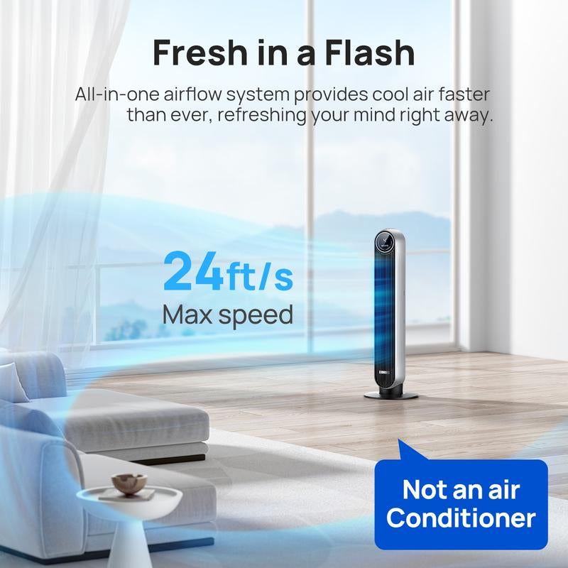Dreo Tower Fans for Home, 2024 New 90° Oscillating Standing Fans with Remote, 24 Ft/S Velocity Quiet Bedroom Fan, 4 Speeds, 4Modes, 8H Timer, Bladeless Floor Fan, Black Silver, Not an Air Conditioner!