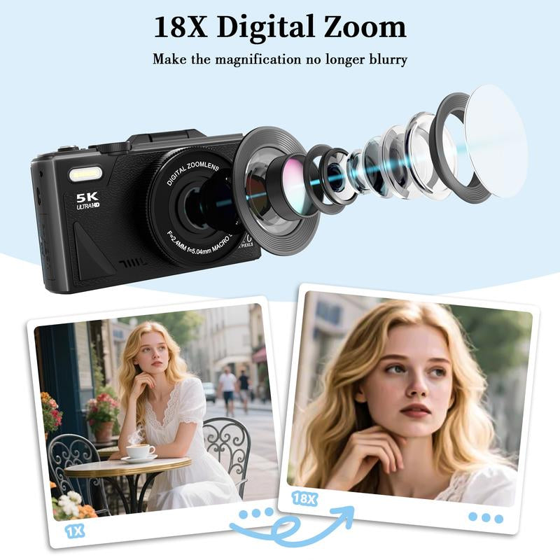 2025 Digital Camera 5K,Portable Retro Camera,180° Digital Camera with Flip Screen,18X Digital Zoom Vlogging Camera,Cameras for Photography,Compact Travel Camera for Teens,Summer Gifts