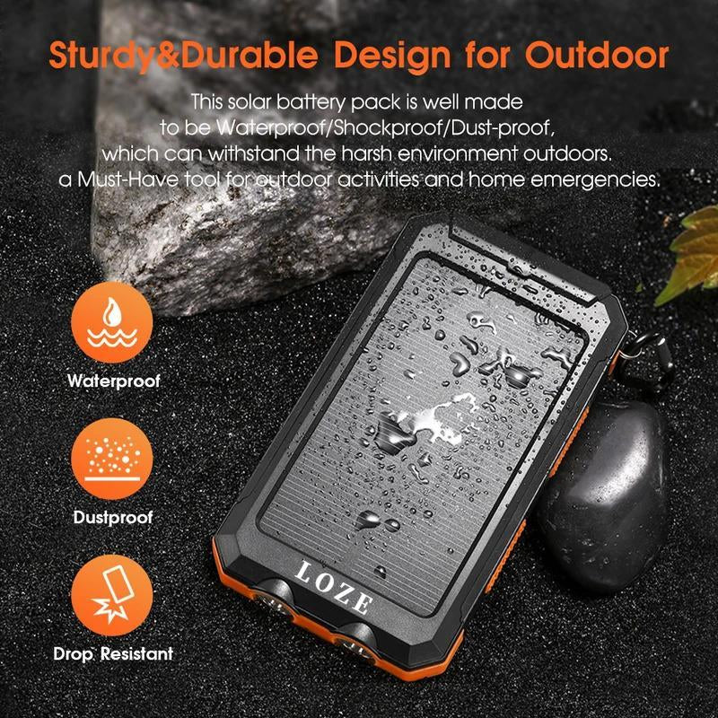 LOZE Solar Power Bank 10000Mah, Built-In Super Bright Flashlight, Compass, Dual USB Output Ports Power Bank, Portable Charger with USB C Interface for Android, Iphone, Suitable for Outdoor Camping, Suitable for Summer and Autumn Gifts.