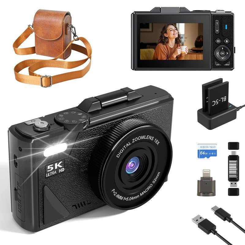 2025 Digital Camera 5K,Portable Retro Camera,180° Digital Camera with Flip Screen,18X Digital Zoom Vlogging Camera,Cameras for Photography,Compact Travel Camera for Teens,Summer Gifts