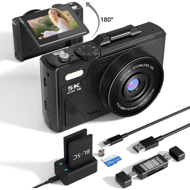 2025 Digital Camera 5K,Portable Retro Camera,180° Digital Camera with Flip Screen,18X Digital Zoom Vlogging Camera,Cameras for Photography,Compact Travel Camera for Teens,Summer Gifts