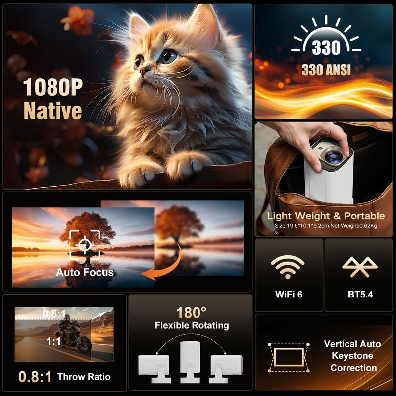 [US Warehouse] Magcubic Auto Focus HY310 Projector 330ANSI Google Assistant 4K Videosource Supported Native 1080P BT5.4 WIFI6 Android 11 Built-In Speaker Allwinner H713 180° Flexible 130"Screen 60Hz Reflash Home Cinema Mini Portable Projector