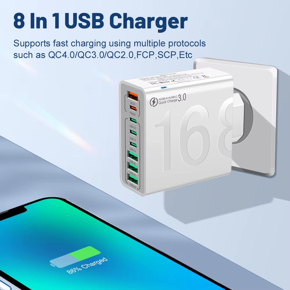 150W Multi Ports USB Charger Fast Charging Wall Adapter for Xiaomi Iphone Samsung Huawei PD Type C Travel Charger EU/US/KR Plug